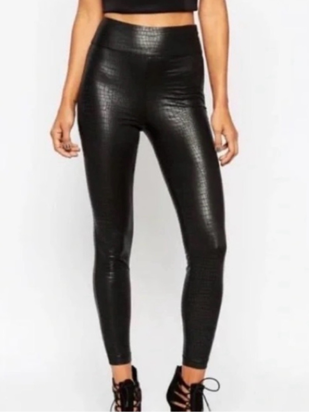 7 For All Mankind Black Faux Leather Crocodile Embossed High-Waist Pants Size XS